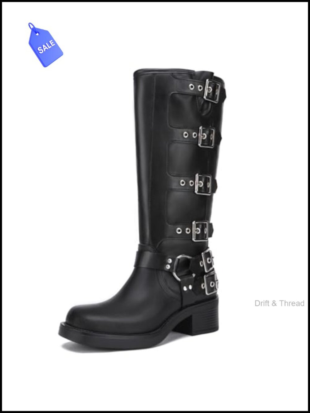 Women's Knee High Riding Boots Faux Leather Chunky Heel Biker Boot